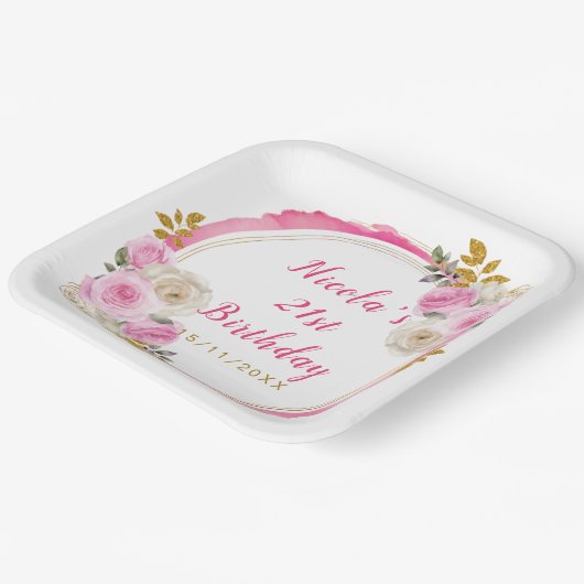 Bright Pink en Gold Elegant Bloemen Verjaardagsfee Papieren Bordje (Gebogen)