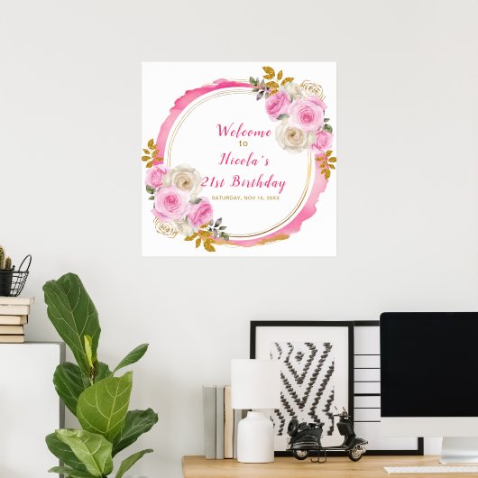 Bright Pink en Gold Elegant Bloemen Verjaardagsfee Poster (Thuiskantoor)