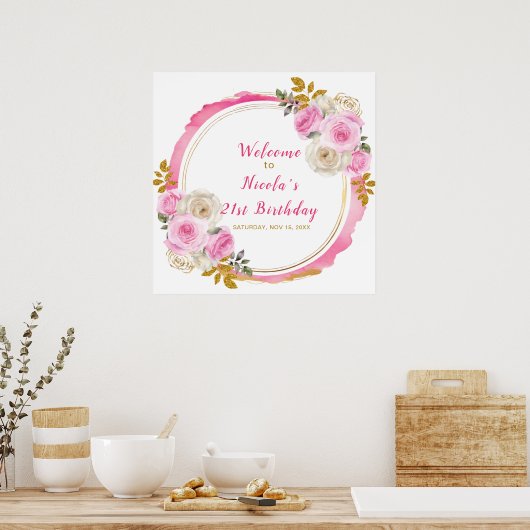 Bright Pink en Gold Elegant Bloemen Verjaardagsfee Poster (Keuken)