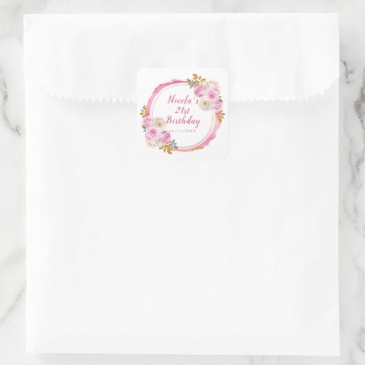 Bright Pink en Gold Elegant Bloemen Verjaardagsfee Vierkante Sticker (Tas)