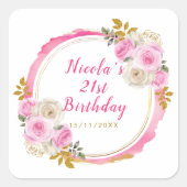 Bright Pink en Gold Elegant Bloemen Verjaardagsfee Vierkante Sticker (Voorkant)