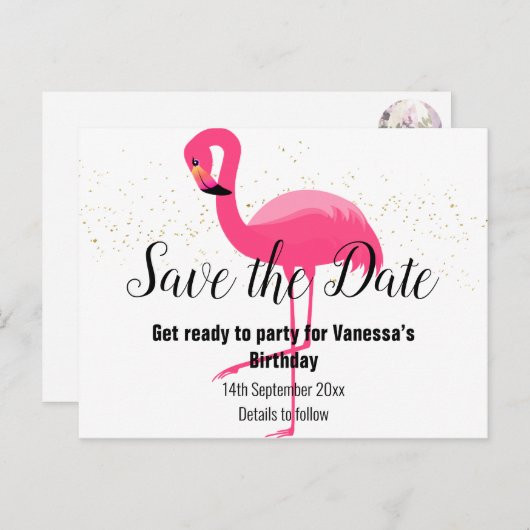 BRIGHT PINK FLAMINGO Save the Date White Aankondigingskaart (Voorkant / Achterkant)