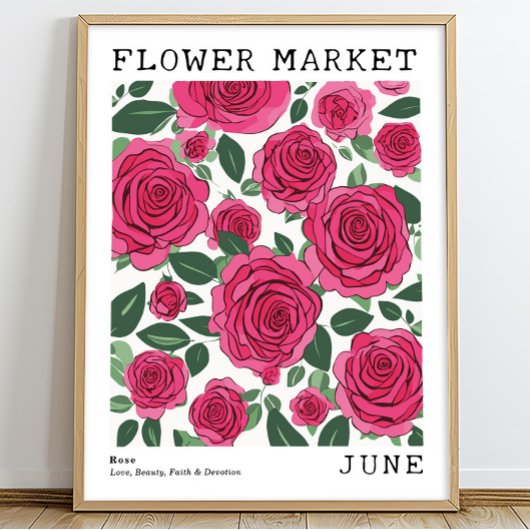 Bright Pink Floral Rozen juni Geboorte Bloemenmark Poster