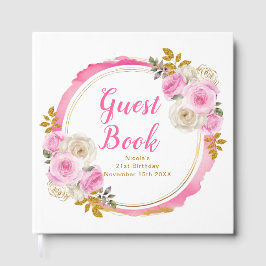 Bright Pink Gold Elegant Flowers Birthday Party Gastenboek