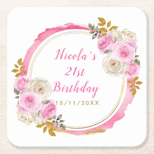 Bright Pink Gold Elegant Flowers Birthday Party Kartonnen Onderzetters (Voorkant)