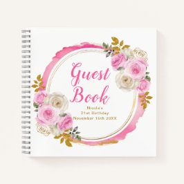 Bright Pink Gold Elegant Flowers Birthday Party Notitieboek