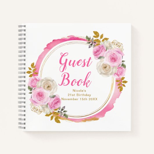 Bright Pink Gold Elegant Flowers Birthday Party Notitieboek (Voorkant)