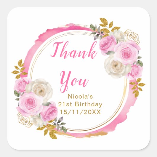 Bright Pink Gold Elegant Flowers Birthday Party Vierkante Sticker (Voorkant)