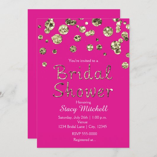 Bright Pink Gold Glitter Bruids Douche Uitnodiging (Voorkant / Achterkant)