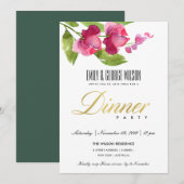 BRIGHT PINK INK WATERVERF FLORAL DINNER PARTY KAART (Voorkant / Achterkant)