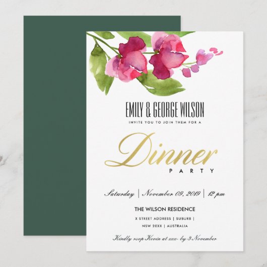 BRIGHT PINK INK WATERVERF FLORAL DINNER PARTY KAART (Voorkant / Achterkant)