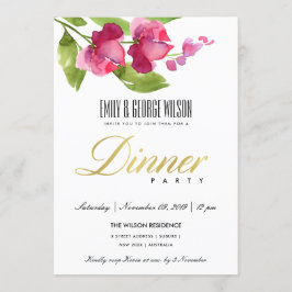 BRIGHT PINK INK WATERVERF FLORAL DINNER PARTY KAART