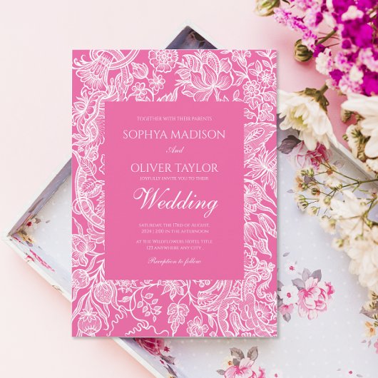 Bright Pink Line Art Wildflower Kaart