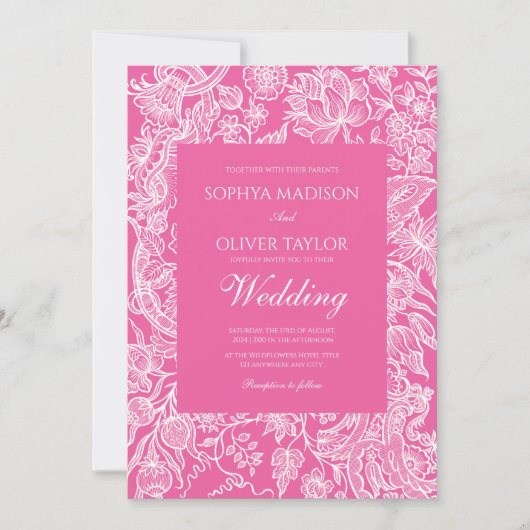 Bright Pink Line Art Wildflower Kaart (Voorkant)