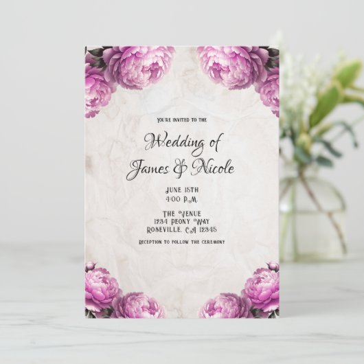 Bright Pink Peony Flowers  rustieke bruiloft Kaart (Staand voorkant)