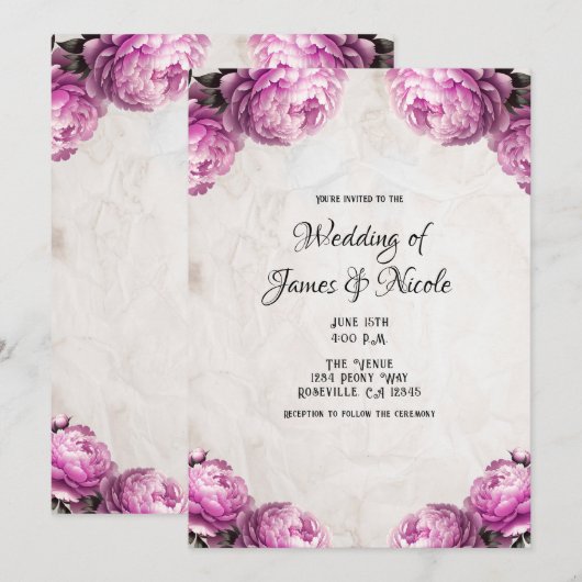 Bright Pink Peony Flowers  rustieke bruiloft Kaart (Voorkant / Achterkant)