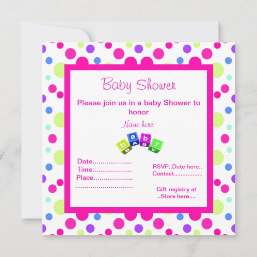 BRIGHT PINK POLKA DOT BLOCKS BABY SHOWER INVITATIO KAART (Voorkant)