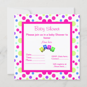 BRIGHT PINK POLKA DOT BLOCKS BABY SHOWER INVITATIO KAART