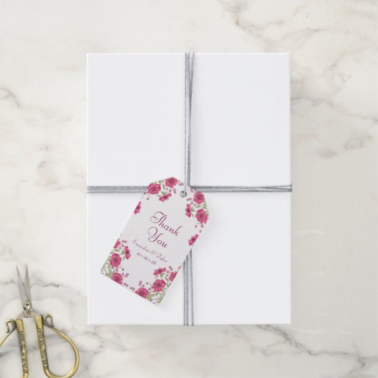 Bright Pink Rose Wedding Cadeaulabel (Met Touw)