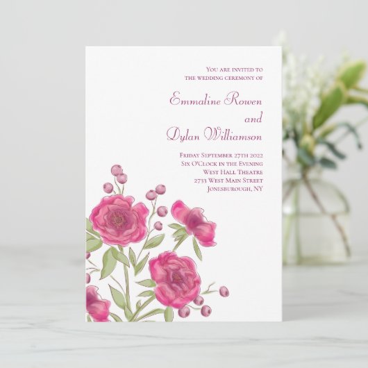 Bright Pink Rose Wedding Kaart (Staand voorkant)