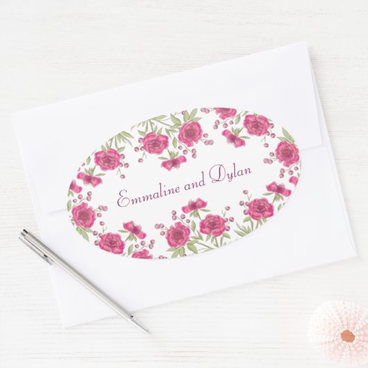 Bright Pink Rose Wedding Ovale Sticker (Envelop)