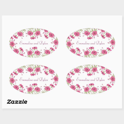 Bright Pink Rose Wedding Ovale Sticker (Vel)