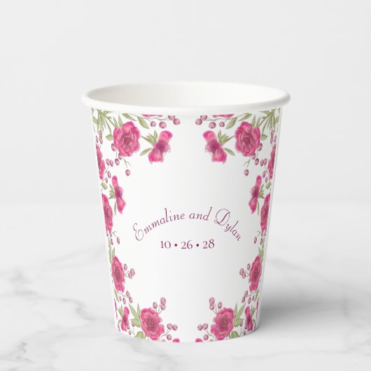 Bright Pink Rose Wedding Papieren Bekers (Achterkant)