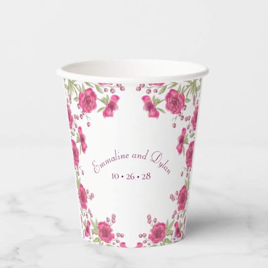 Bright Pink Rose Wedding Papieren Bekers (Voorkant)