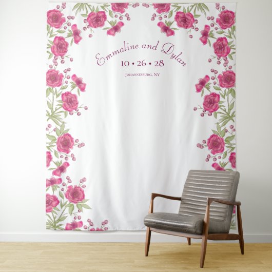Bright Pink Rose Wedding Photo Backdrop Wandkleed (In situ)