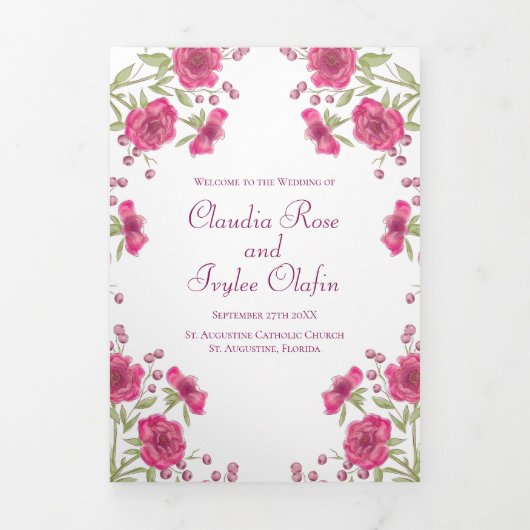 Bright Pink Rose Wedding Programs Drieluik Programma (Cover)