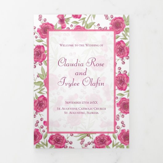 Bright Pink Rose Wedding Programs Drieluik Programma (Cover)