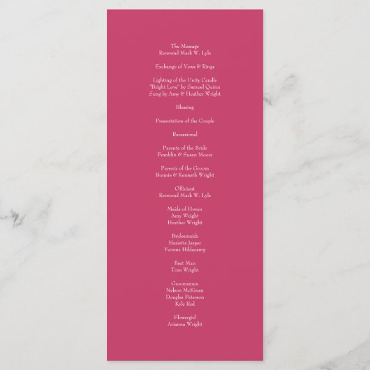Bright Pink Rose Wedding Programs Menu (Achterkant)