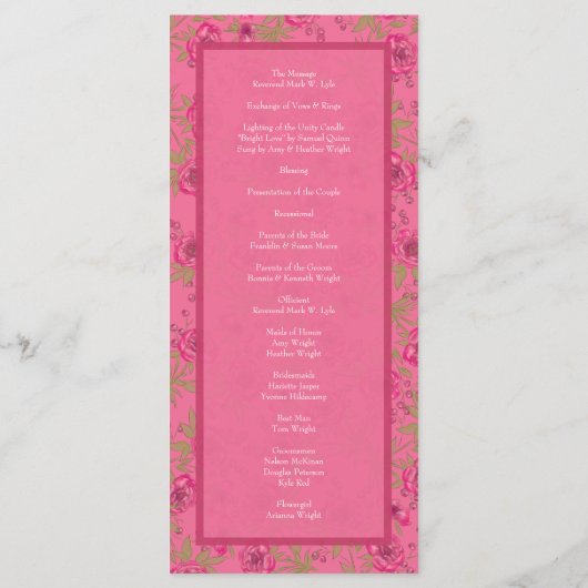 Bright Pink Rose Wedding Programs Menu (Achterkant)