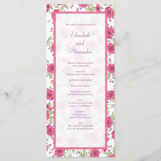 Bright Pink Rose Wedding Programs Menu (Voorkant)
