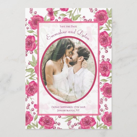 Bright Pink Rose Wedding Save the Date Kaart (Voorkant)