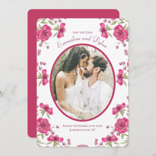 Bright Pink Rose Wedding Save the Date Kaart (Voorkant / Achterkant)