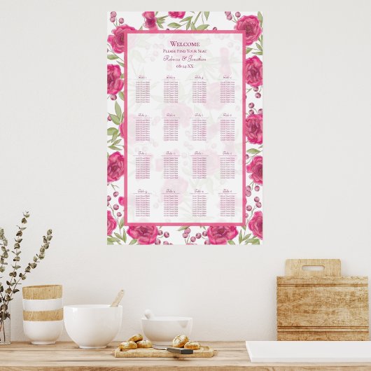 Bright Pink Rose Wedding Seating Chart Poster (Keuken)
