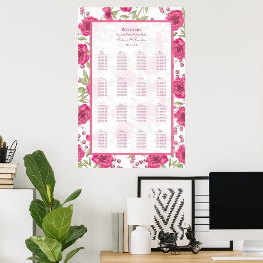 Bright Pink Rose Wedding Seating Chart Poster (Thuiskantoor)