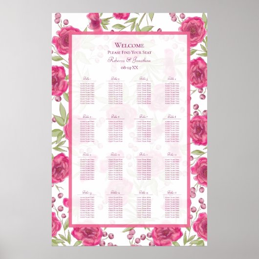 Bright Pink Rose Wedding Seating Chart Poster (Voorkant)