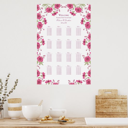 Bright Pink Rose Wedding Seating Chart Poster (Keuken)