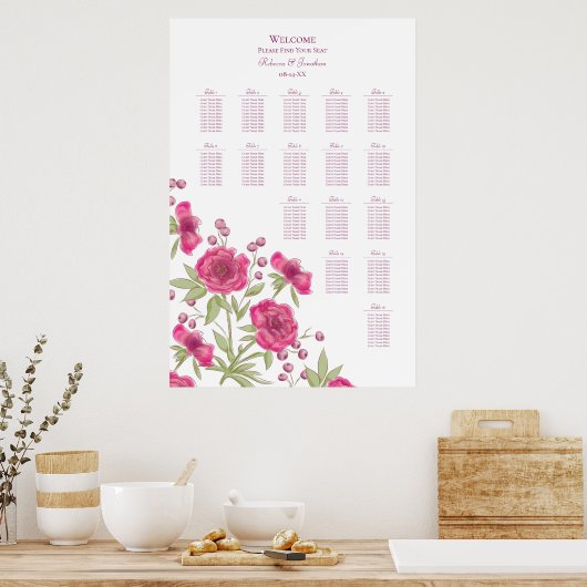 Bright Pink Rose Wedding Seating Chart Poster (Keuken)
