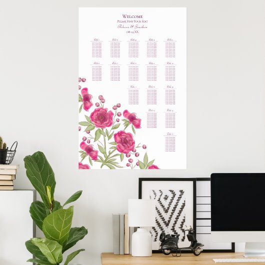 Bright Pink Rose Wedding Seating Chart Poster (Thuiskantoor)
