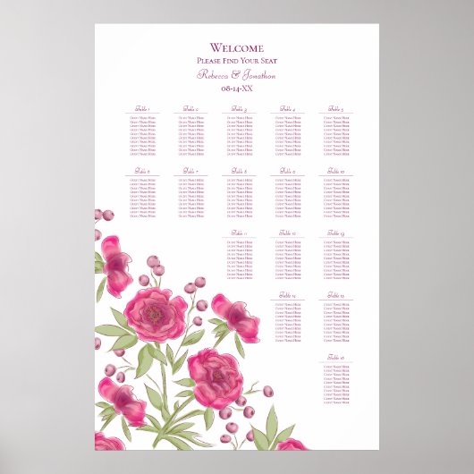 Bright Pink Rose Wedding Seating Chart Poster (Voorkant)