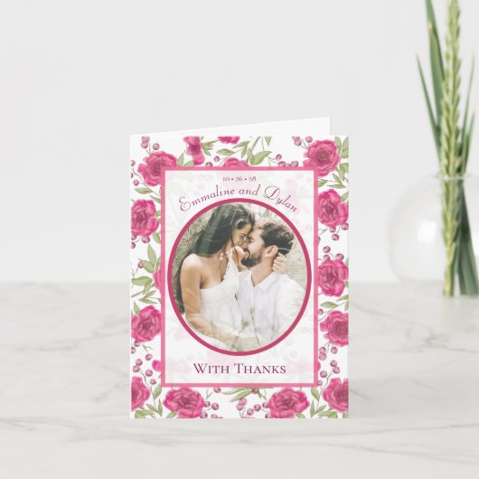 Bright Pink Rose Wedding Thank You Cards Photo (Voorkant)