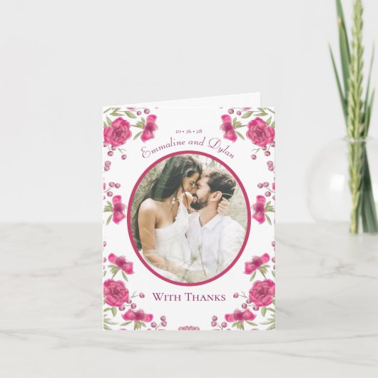 Bright Pink Rose Wedding Thank You Cards Photo (Voorkant)