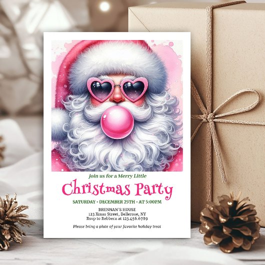 Bright pink santa chewing gum watercolor invite  kaart