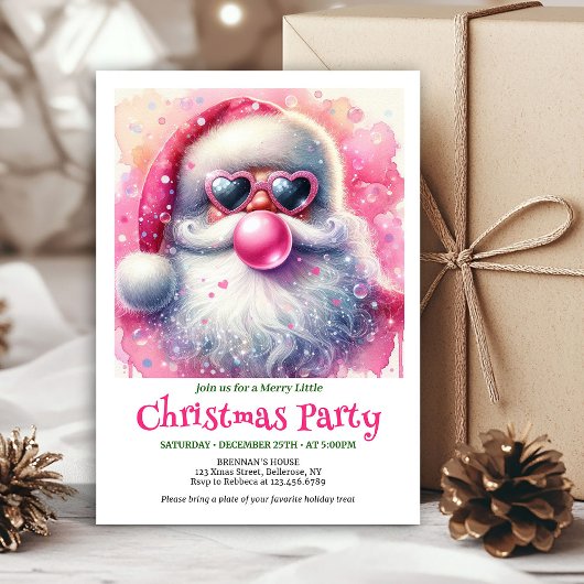 Bright pink santa chewing gum watercolor invite  kaart