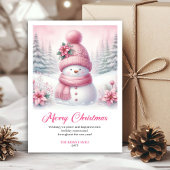 Bright pink snowman Christmas kids greeting card   Feestdagenkaart