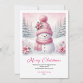 Bright pink snowman Christmas kids greeting card   Feestdagenkaart (Voorkant)