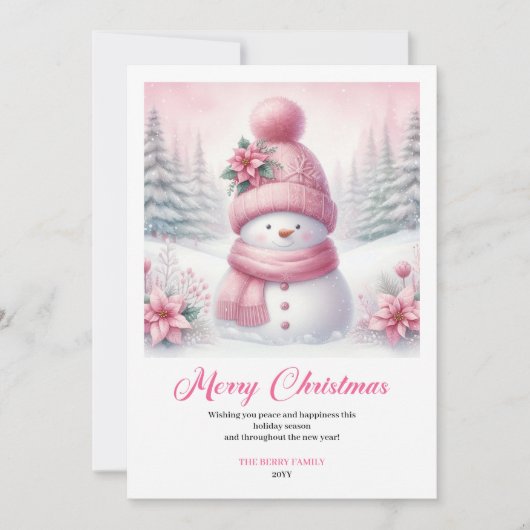 Bright pink snowman Christmas kids greeting card Feestdagenkaart (Voorkant)
